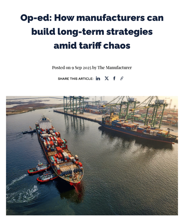 The Manufacturer's website showing the article "How to build long-term strategies for manufacturers amid tariff chaos"