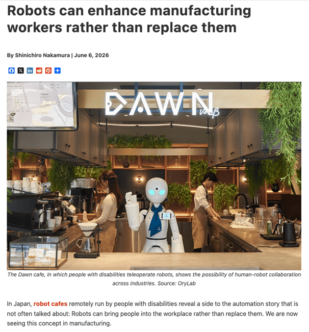 Interior of OryLab's Dawn cafe in Tokyo, showing an OriHime avatar robot at the counter alongside two human staff members. The white, upper-body humanoid robot faces the camera while one worker operates a coffee machine on the left and another works in the background. Green plants line the walls beneath the illuminated DAWN logo. The robot is remotely operated by a person with a physical disability, illustrating human-robot collaboration in a hospitality setting.