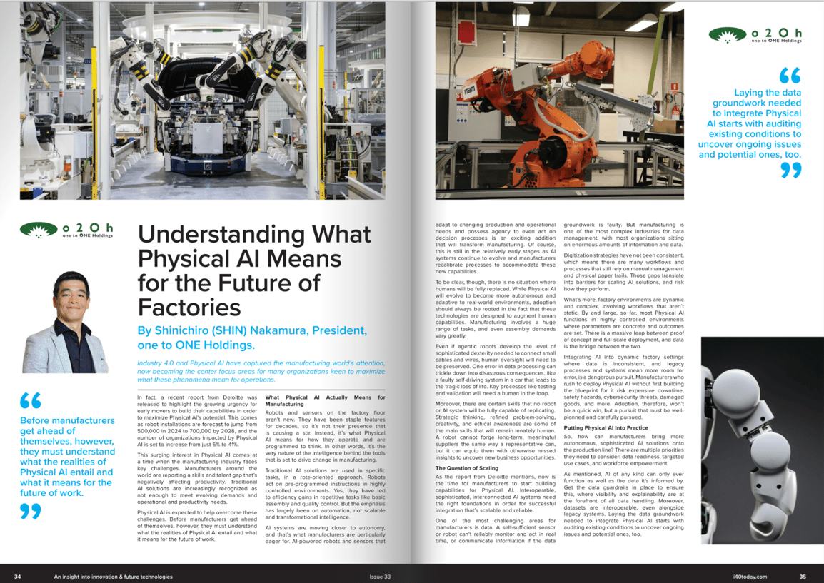 A two-page spread from i4.0 Magazine Issue 33 featuring an article by Shinichiro (Shin) Nakamura, President of one to ONE Holdings. The layout includes industrial robot photography, a headshot of the author, the o2Oh logo, and two pull quotes. The article is titled "Understanding What Physical AI Means for the Future of Factories.